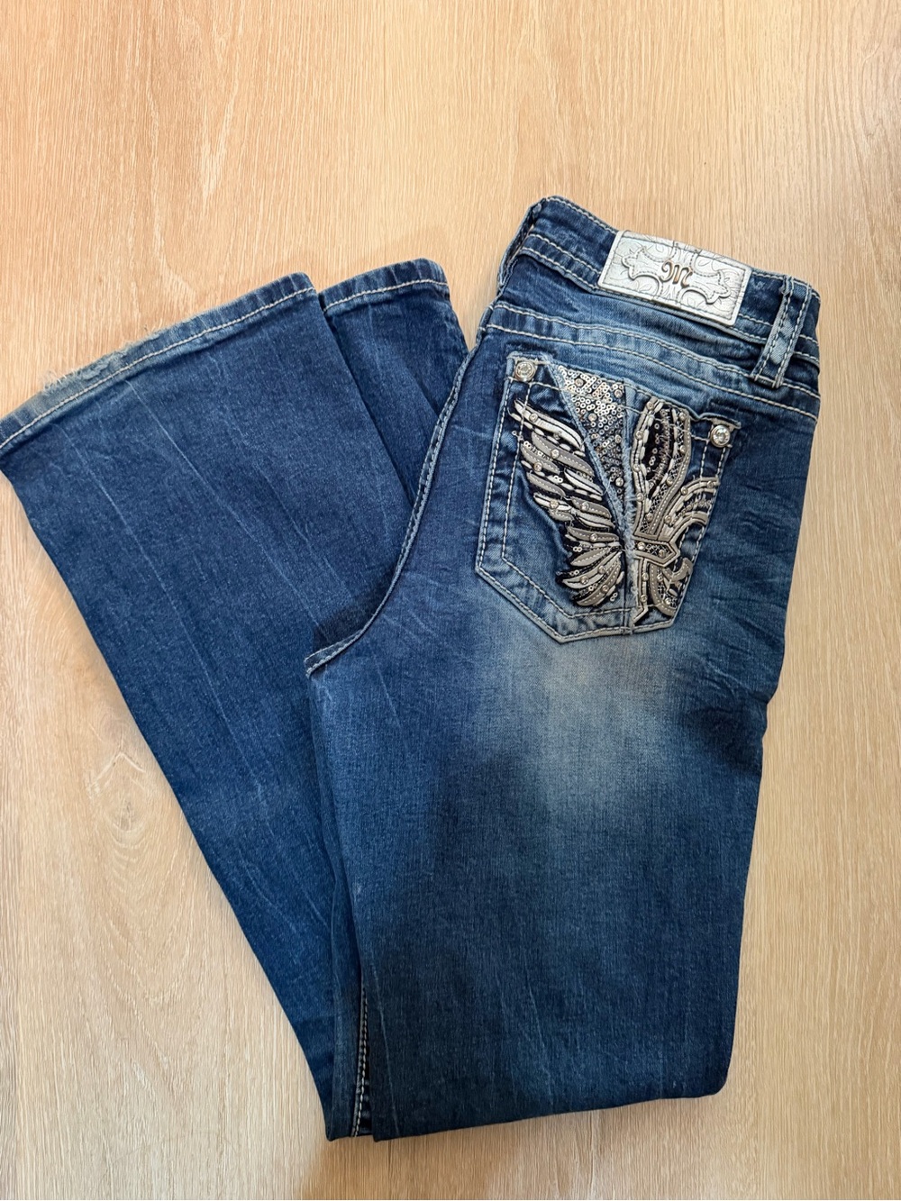 Miss Me Dark Blue Bootcut Jeans with Embellished Butterfly Pocket